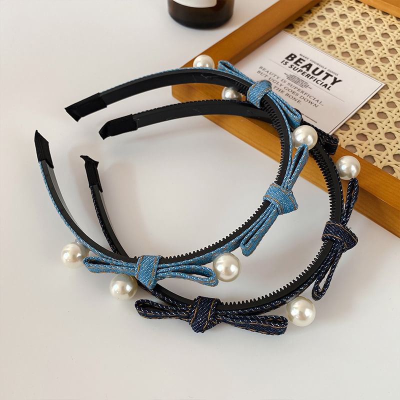 Beaded Ribbon Denim Headband