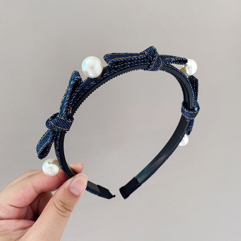 Beaded Ribbon Denim Headband