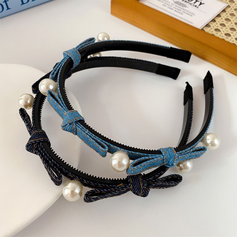 Beaded Ribbon Denim Headband