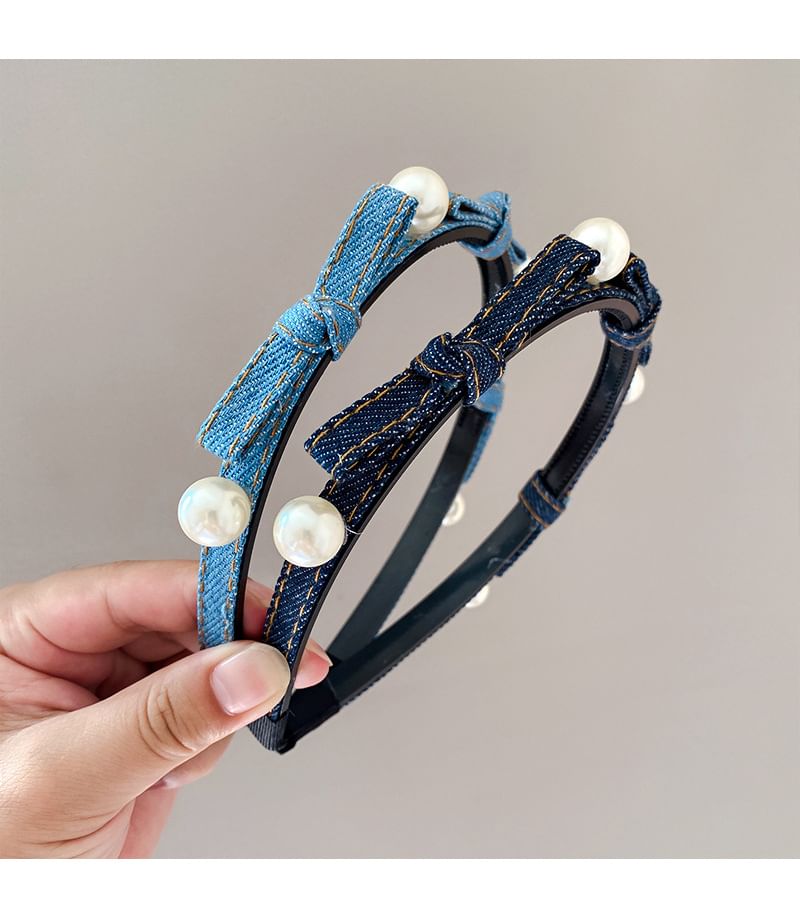 Beaded Ribbon Denim Headband