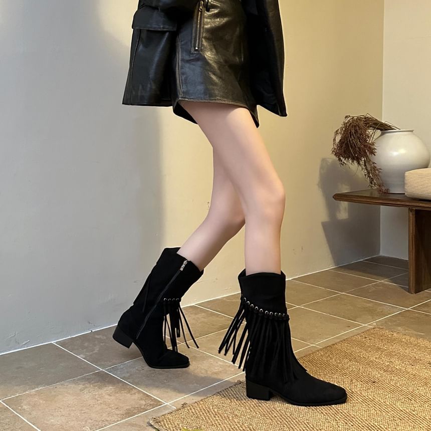 Fringe Block Heel Mid-Calf Boots