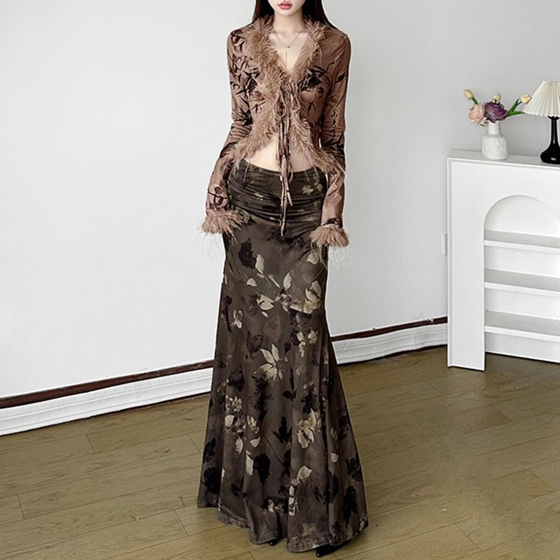 Maxi Rise Sleeve Cardigan Print / Skirt Graphic Mermaid-Hem Low Furry-Trim Long Light