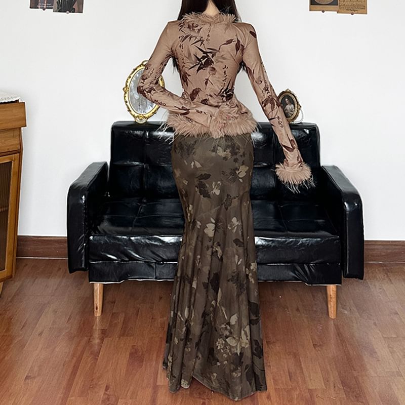 Maxi Rise Sleeve Cardigan Print / Skirt Graphic Mermaid-Hem Low Furry-Trim Long Light