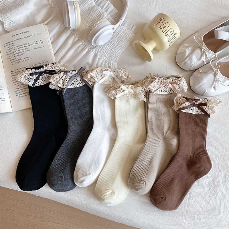 Bow Ribbed Lace Trim Socks