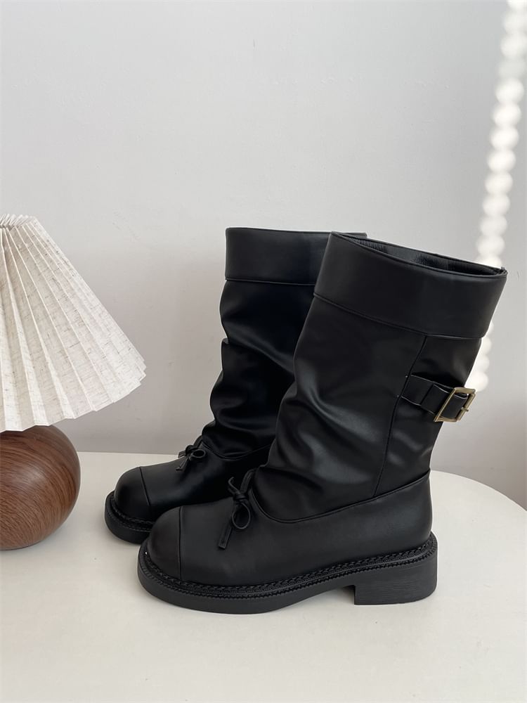 Cap Toe Bow Platform Chunky Heel Short Boots