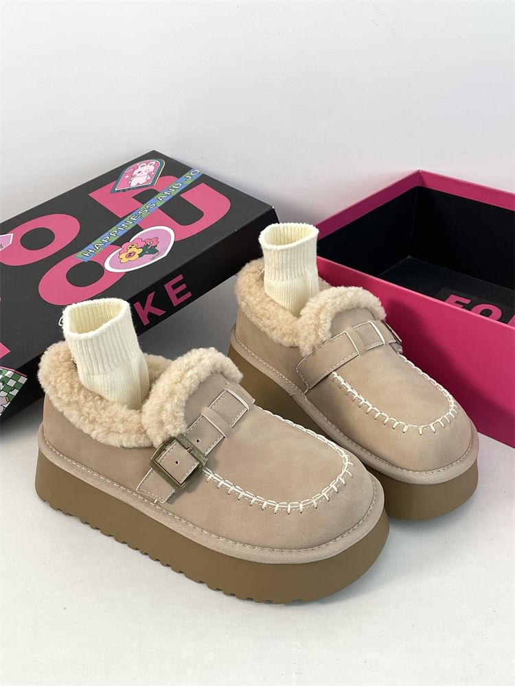 Buckled Fluffy Trim Platform Loafers