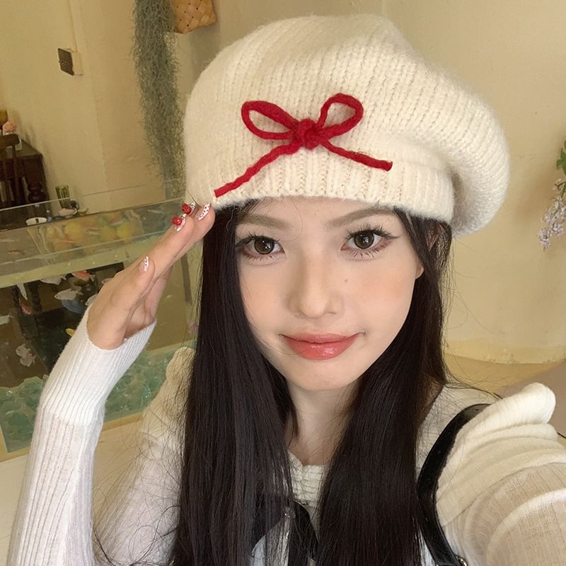 Bow Knit Beret Hat