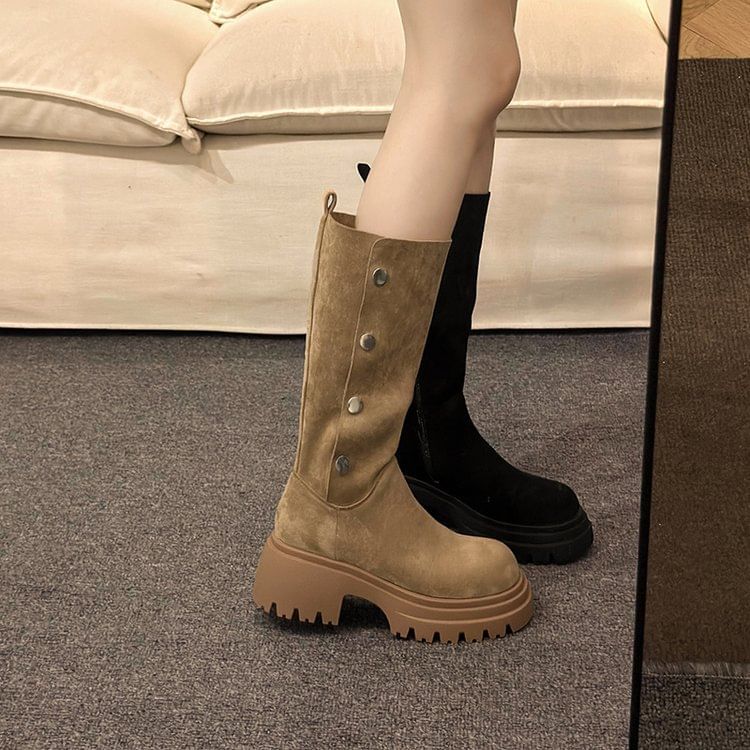 Calf Platform Faux Button Mid Suede Boots