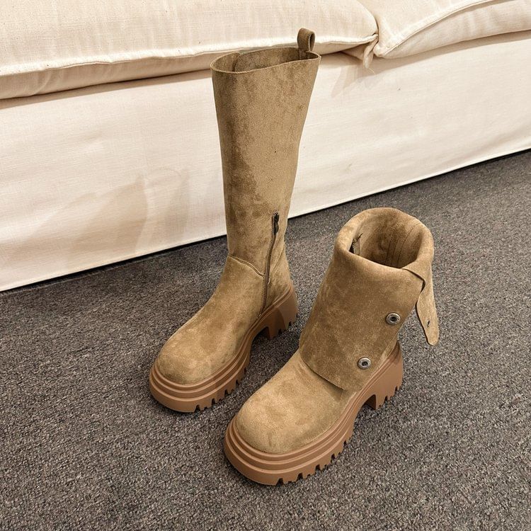 Calf Platform Faux Button Mid Suede Boots