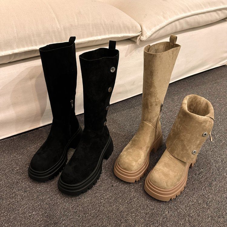 Calf Platform Faux Button Mid Suede Boots