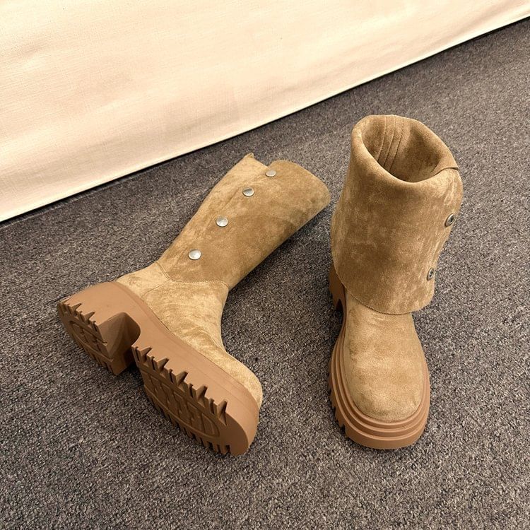 Calf Platform Faux Button Mid Suede Boots