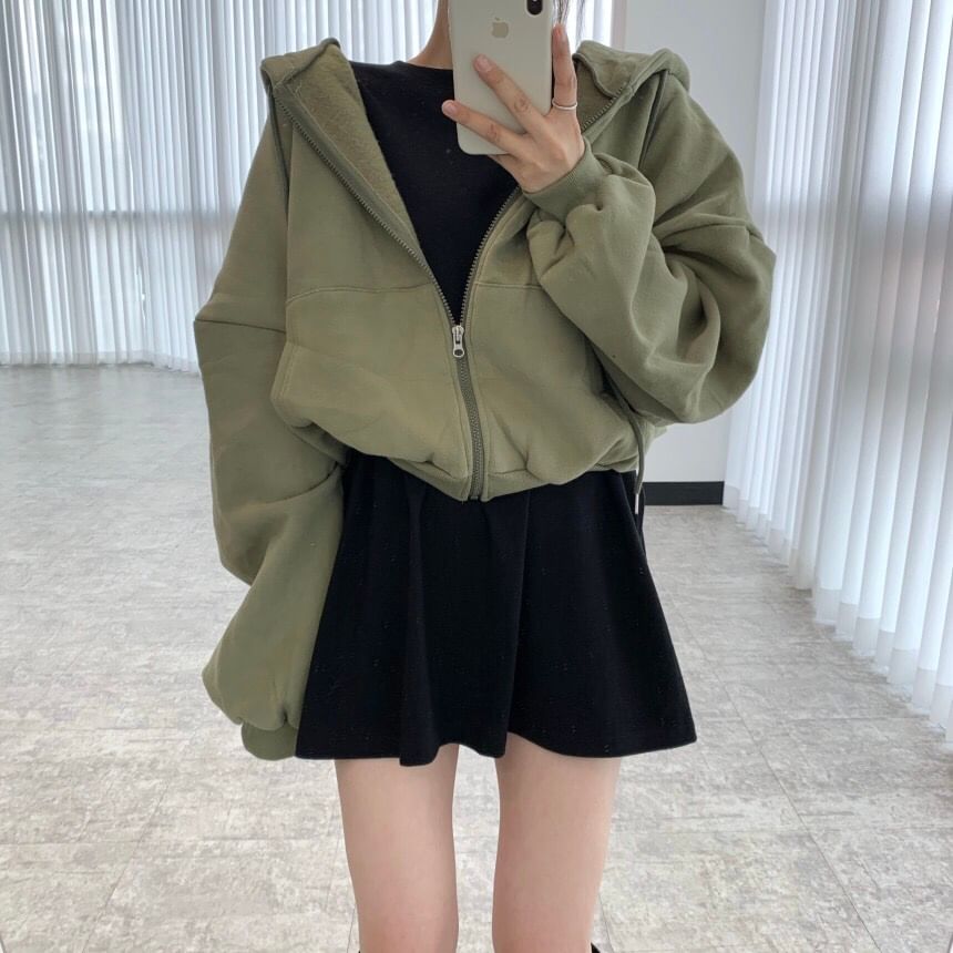 Drop Shoulder Plain Zip Up Cropped Hoodie