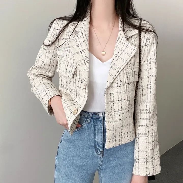 Lapel Collar Plaid Tweed Cropped Button Jacket