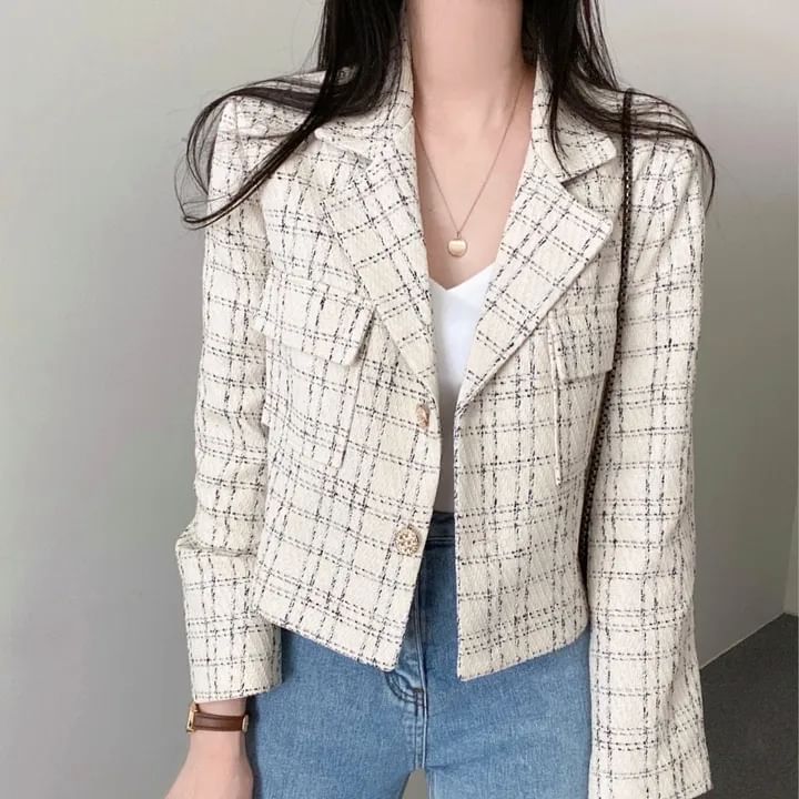 Lapel Collar Plaid Tweed Cropped Button Jacket