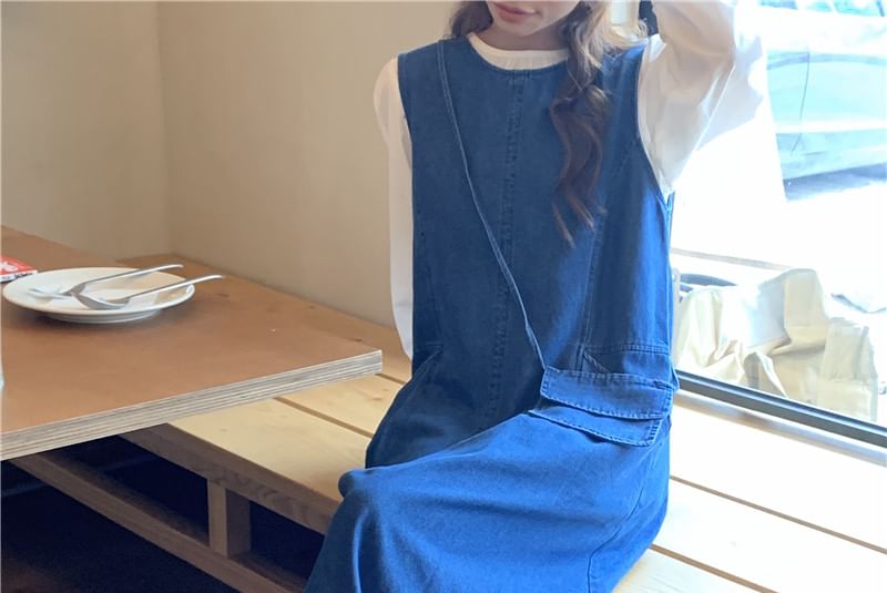 Long-Sleeve Round Neck Plain Blouse / Washed Denim Maxi Dungaree Dress / Crossbody Bag / Set