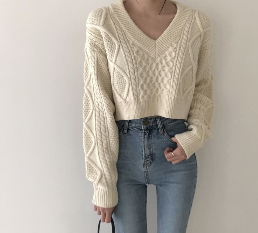 Tie-Back Cable-Knit V-Neck Sweater