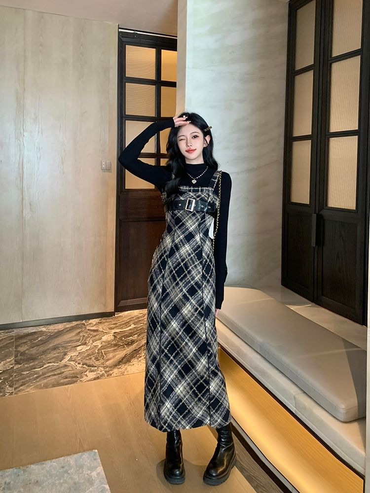 Long-Sleeve Mock Neck Knit Top / Plaid Midi Dungaree Dress / Set