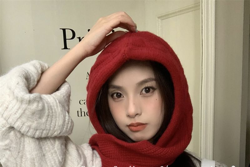 Scarf Plain Knit Cable Hooded