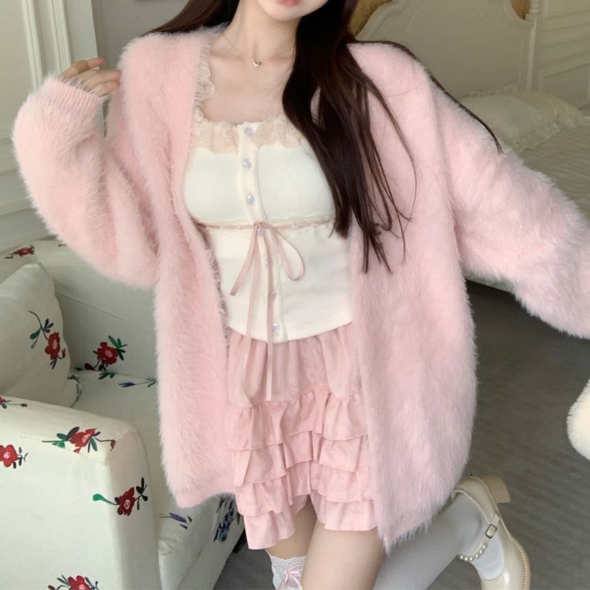Skirt Cami / Lace Waist Open Trim Fluffy Plain Front Top Cardigan Mini Ruffle A-Line High