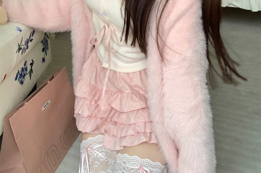 Skirt Cami / Lace Waist Open Trim Fluffy Plain Front Top Cardigan Mini Ruffle A-Line High