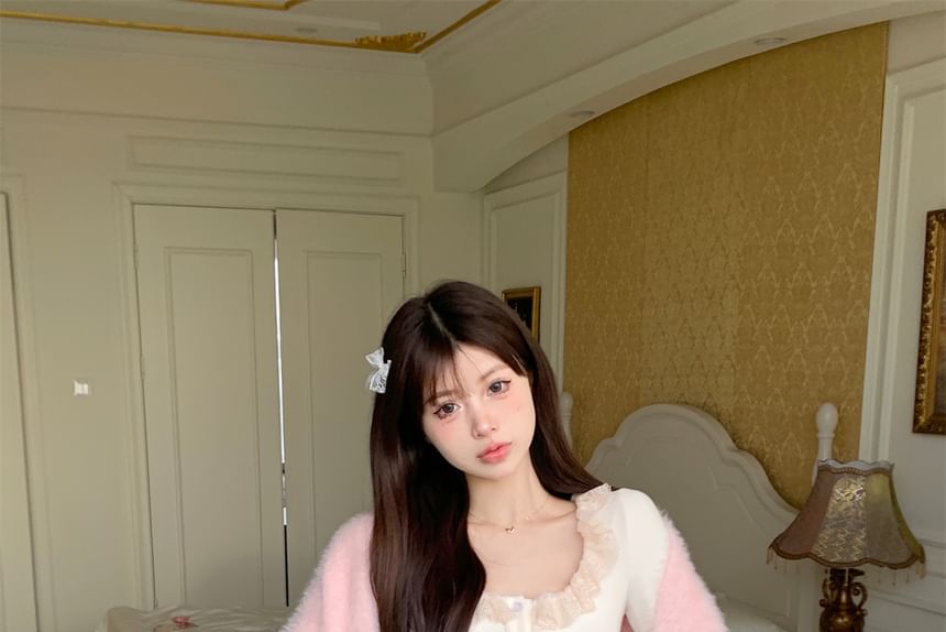 Skirt Cami / Lace Waist Open Trim Fluffy Plain Front Top Cardigan Mini Ruffle A-Line High