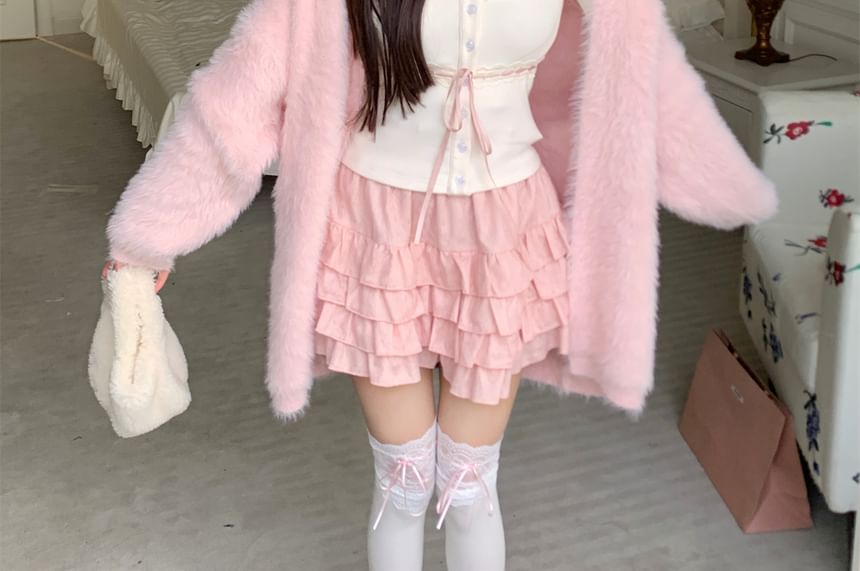 Skirt Cami / Lace Waist Open Trim Fluffy Plain Front Top Cardigan Mini Ruffle A-Line High