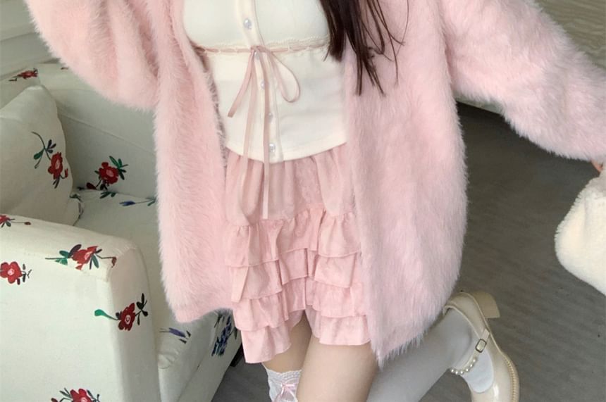 Skirt Cami / Lace Waist Open Trim Fluffy Plain Front Top Cardigan Mini Ruffle A-Line High