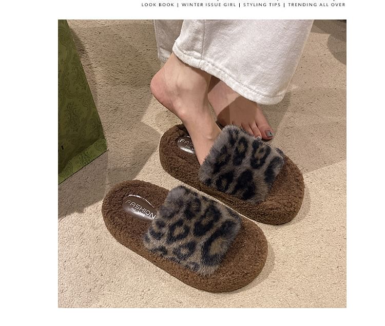 Leopard Print Fleece Slide Sandals