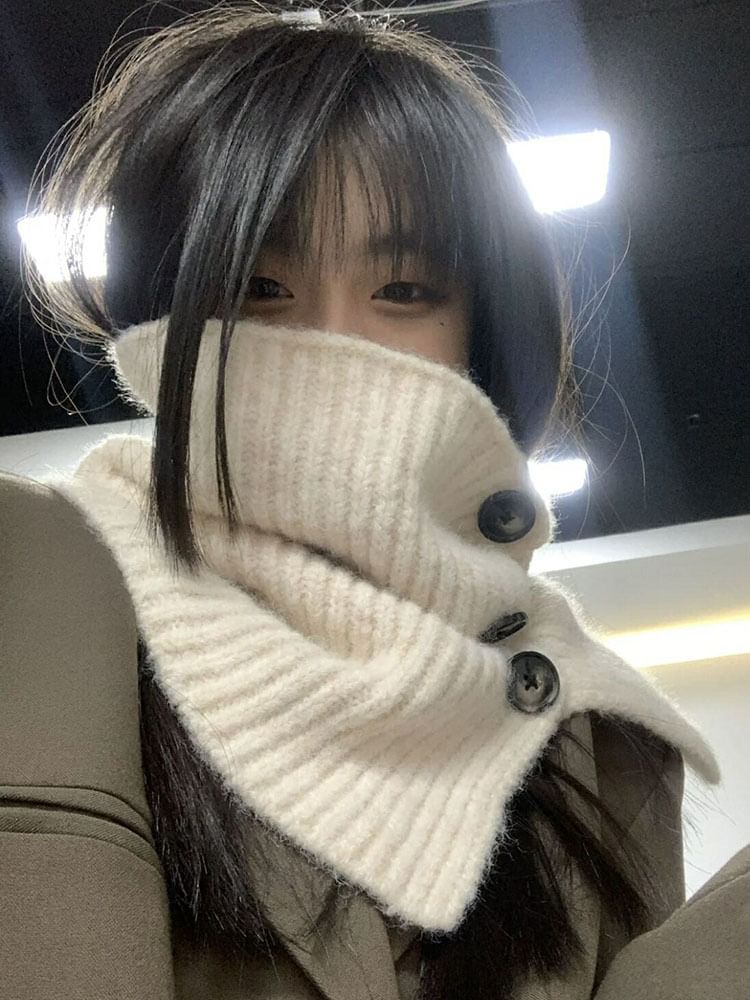 Button Plain Plaid Knit Ribbed Scarf / Snood