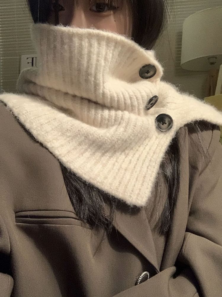 Button Plain Plaid Knit Ribbed Scarf / Snood