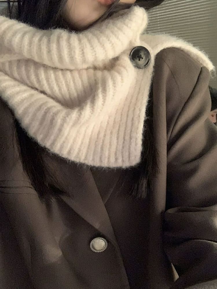 Button Plain Plaid Knit Ribbed Scarf / Snood