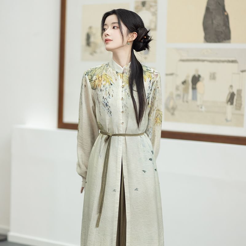 Hanfu Floral Long Cardigan / Plain Camisole Top / Wide Leg Pants / Set