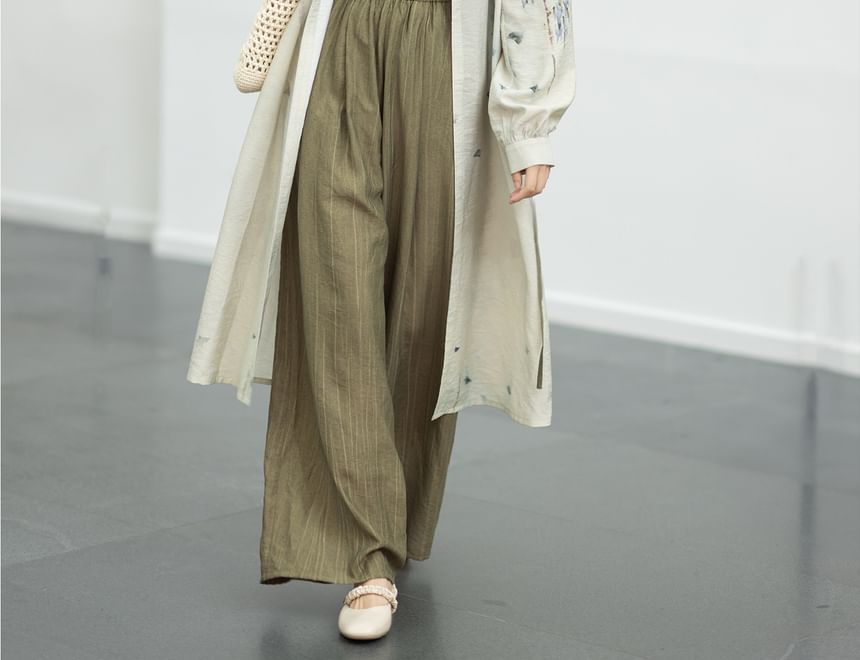 Hanfu Floral Long Cardigan / Plain Camisole Top / Wide Leg Pants / Set