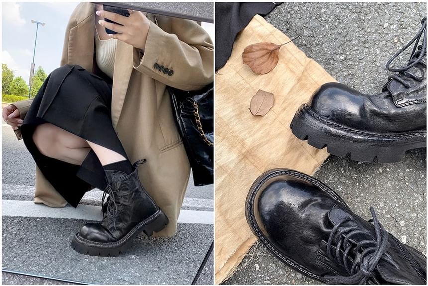 Leather Genuine Boots Lace-Up Platform Plain Short