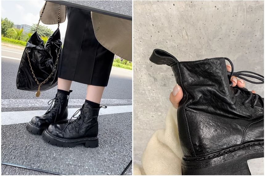 Leather Genuine Boots Lace-Up Platform Plain Short