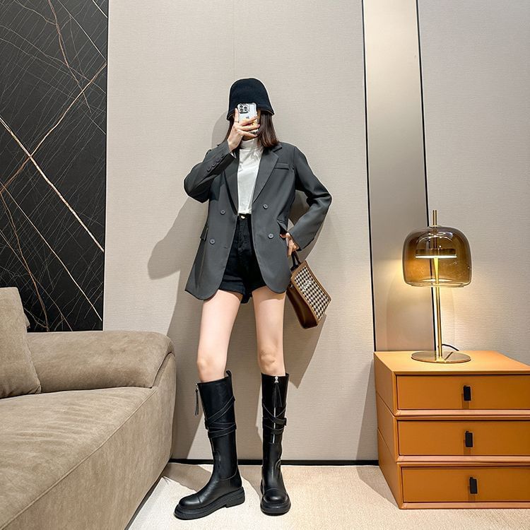 Leather Zip-Up Platform Buckled Plain Faux Boots Tall