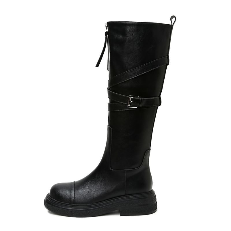 Leather Zip-Up Platform Buckled Plain Faux Boots Tall