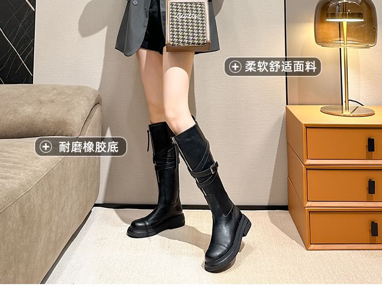 Leather Zip-Up Platform Buckled Plain Faux Boots Tall