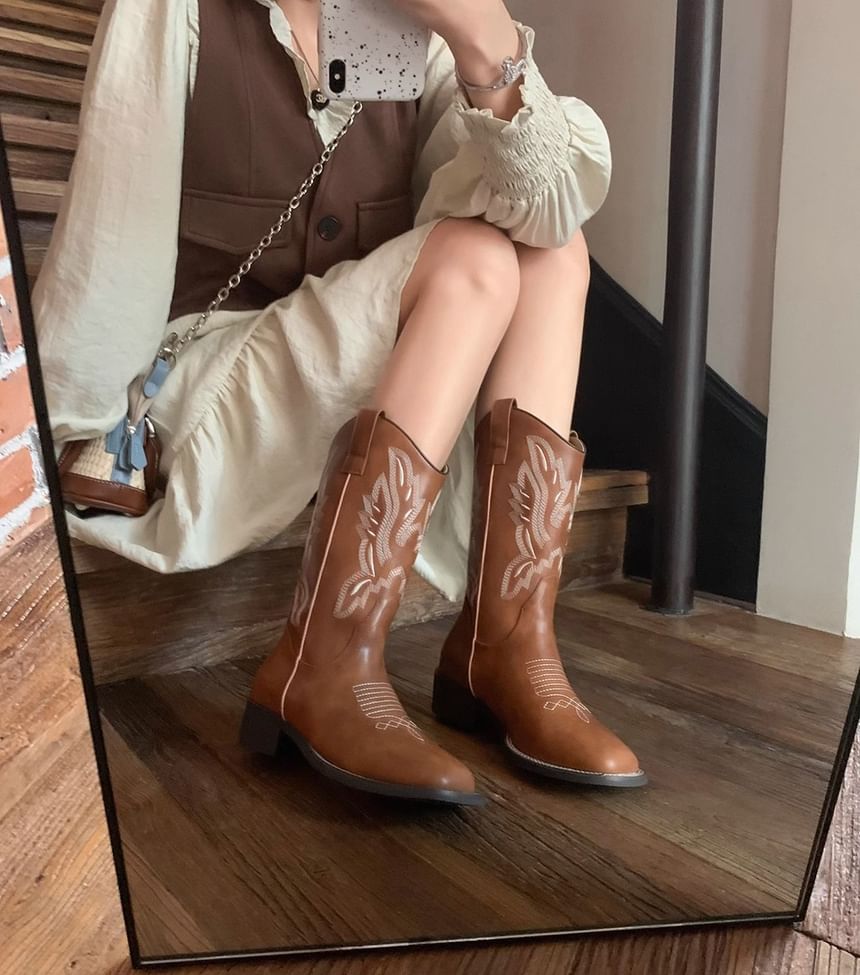 Faux Mid-Calf Chunky Heel Leather Embroidered Cowboy Boots