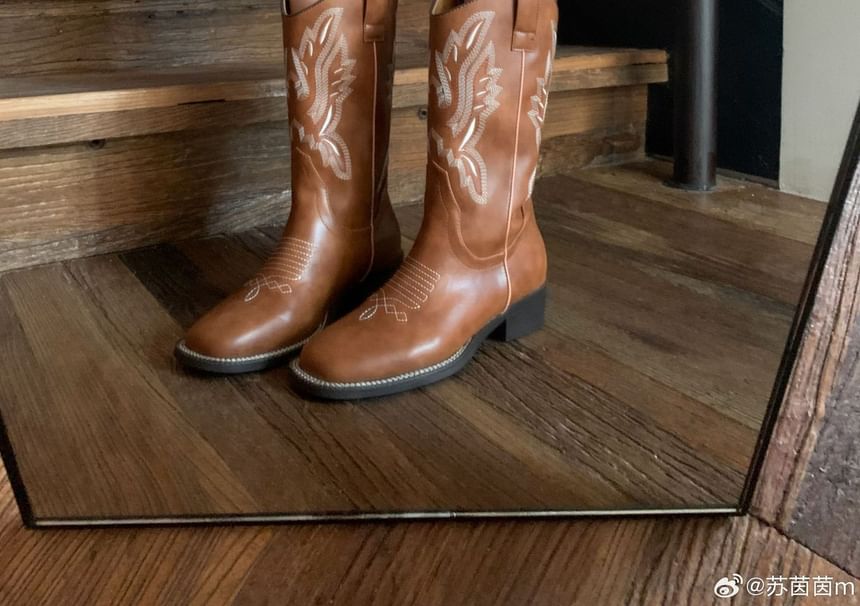 Faux Mid-Calf Chunky Heel Leather Embroidered Cowboy Boots