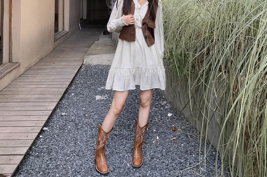 Faux Mid-Calf Chunky Heel Leather Embroidered Cowboy Boots