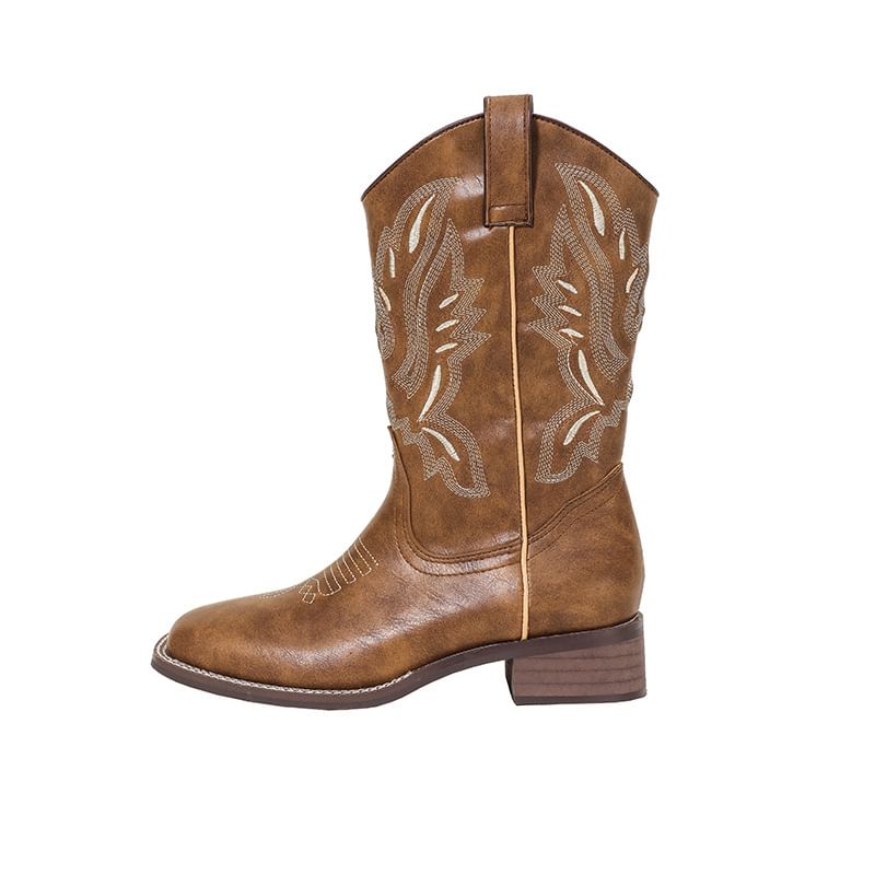 Faux Mid-Calf Chunky Heel Leather Embroidered Cowboy Boots
