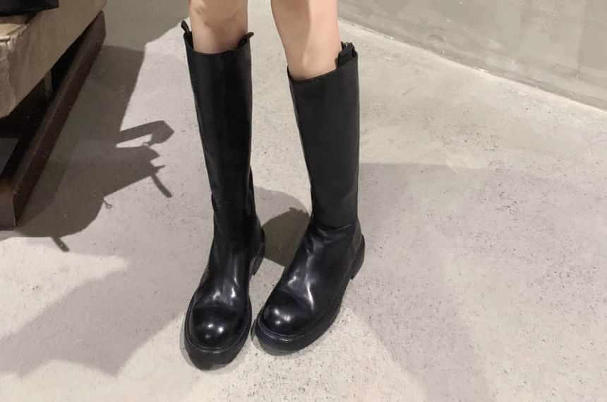 Platform Plain Tall Boots Genuine Zip-Up Leather