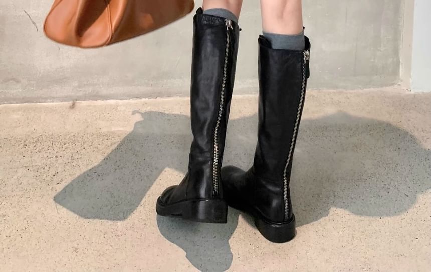 Platform Plain Tall Boots Genuine Zip-Up Leather