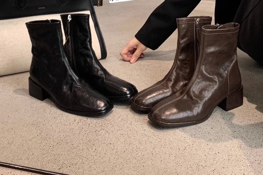 Boots Short Genuine Zip-Up Plain Leather Heel Chunky