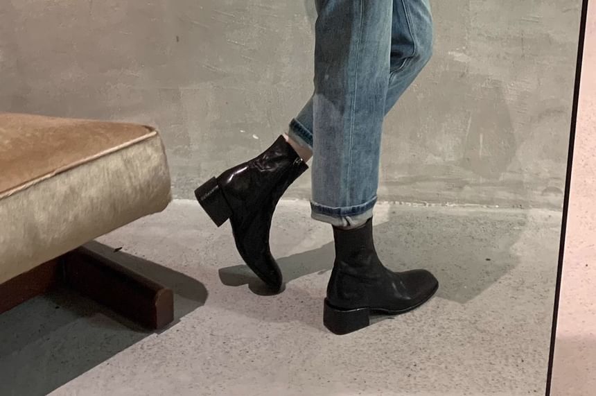 Boots Short Genuine Zip-Up Plain Leather Heel Chunky