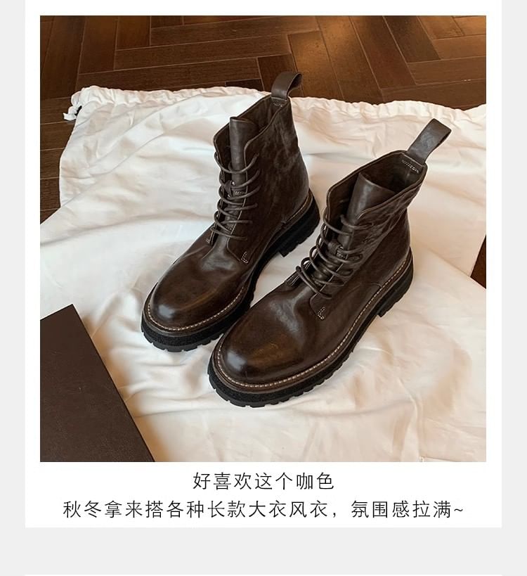 Plain Platform Short Boots Leather Genuine Lace-Up