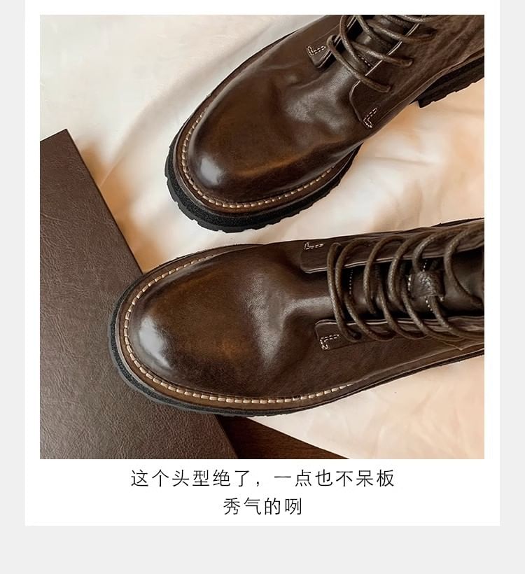 Plain Platform Short Boots Leather Genuine Lace-Up