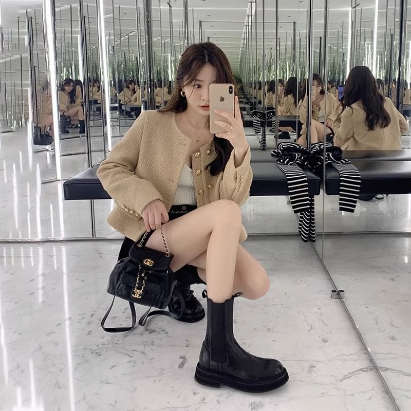 Genuine Platform Boots Chelsea Short Plain Leather