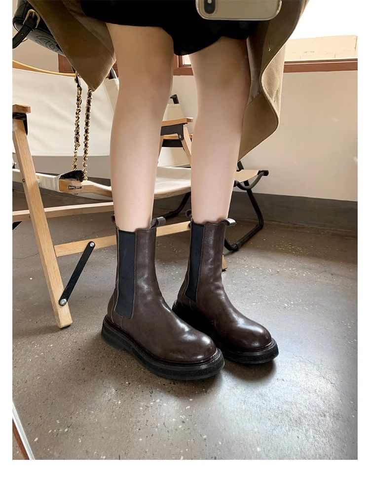 Genuine Platform Boots Chelsea Short Plain Leather